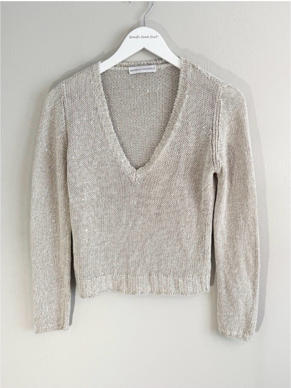 Brunello Cucinelli Light Beige V-Neck Knit Sweater